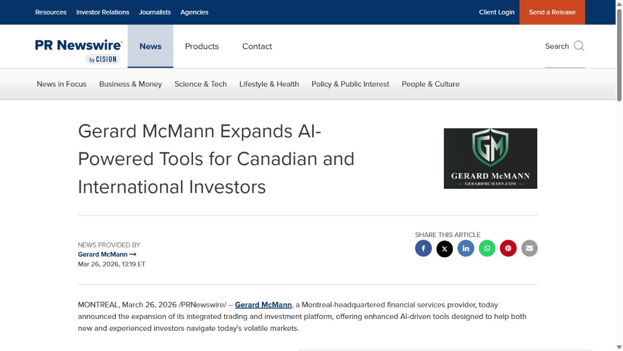 The publisher’s source label distinguishes a company release from an independent review PR Newswire identifies Gerard McMann as the provider of the March 2026 announcement