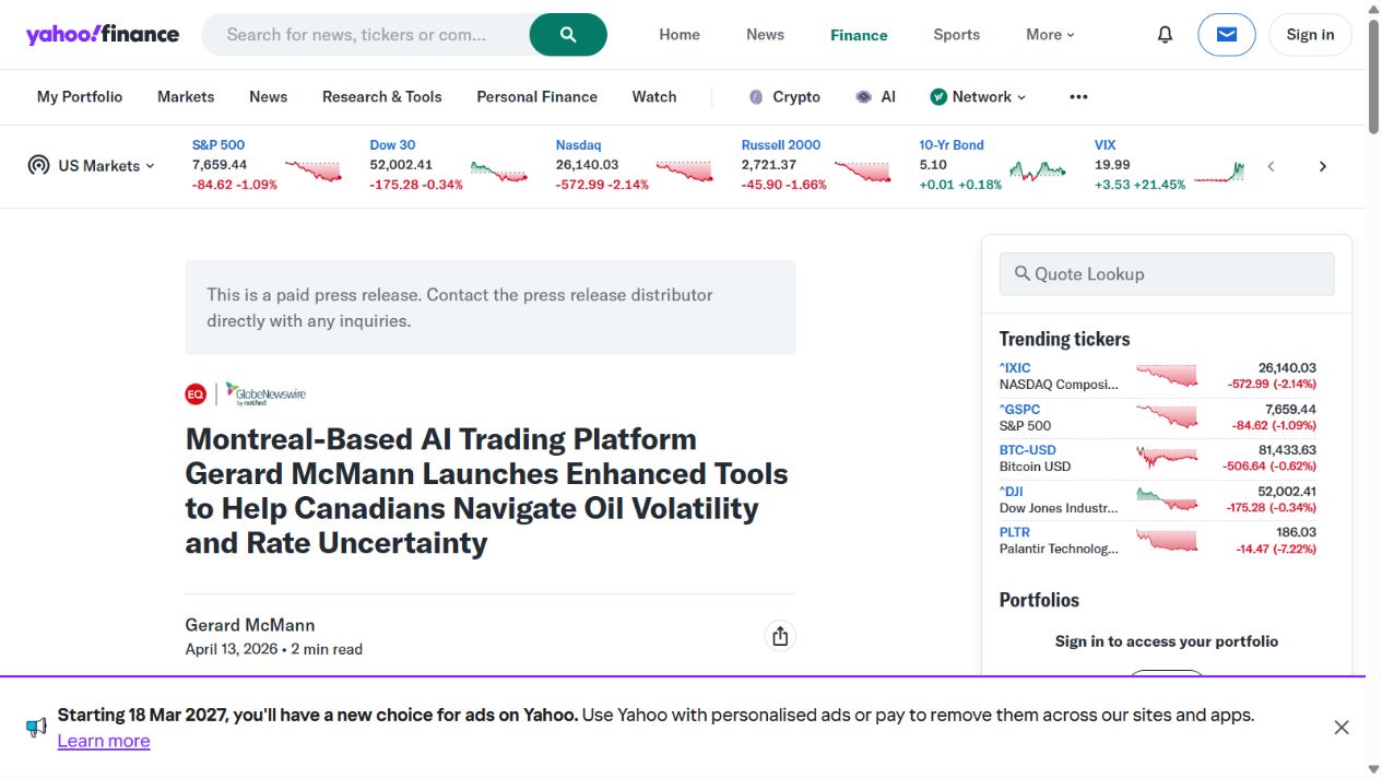 Promotional distribution through GlobeNewswire on 13 April 2026 Yahoo Finance labels the article a paid press release above its headline and publication date
